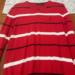 Nautica Men's V-Neck Red and White Striped Sweater